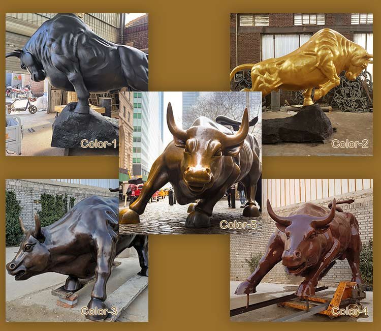 A person viewing different styles of bronze bull statues in a gallery