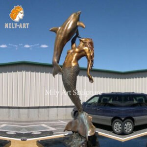 modern bronze mermaid statue with dolphin art outdoor decor for sale
