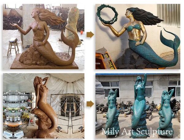 Artisan developing a bronze mermaid sculpture clay model