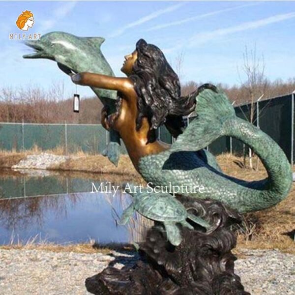 Decorative life-size bronze mermaid statue with verdigris patina