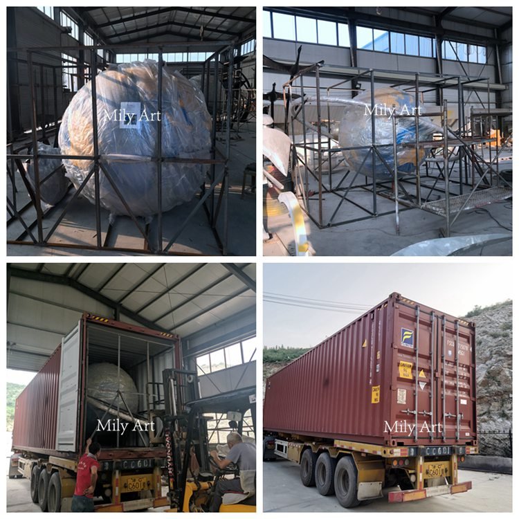 packing of large metal globe sculpture mily sculpture