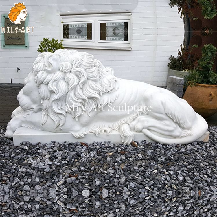 white marble sleeping lion sculpture outdoor decor mlms 173