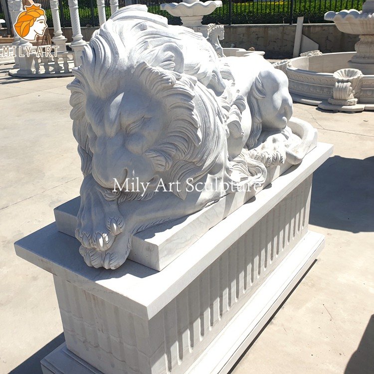 white marble sleeping lion sculpture outdoor decor mlms 173
