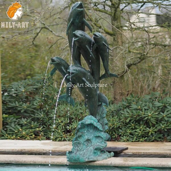 Bronze dolphin animal fountain with water jets