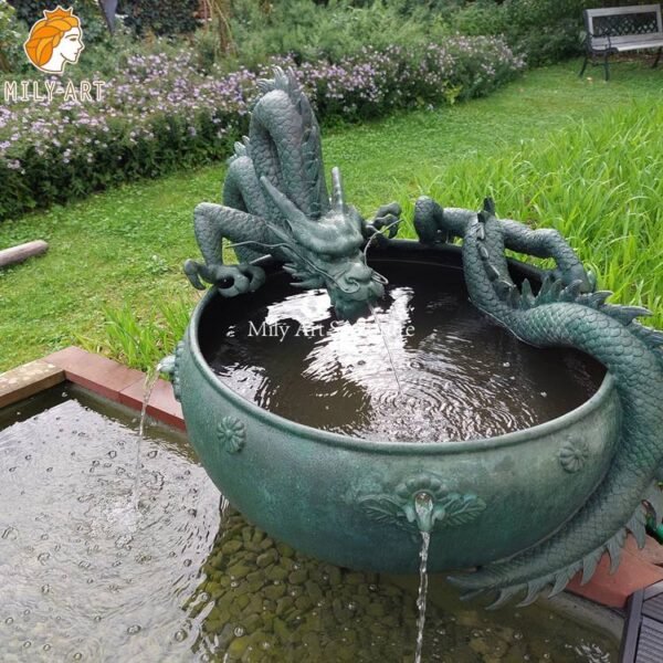 Detailed bronze dragon fountain with custom patina
