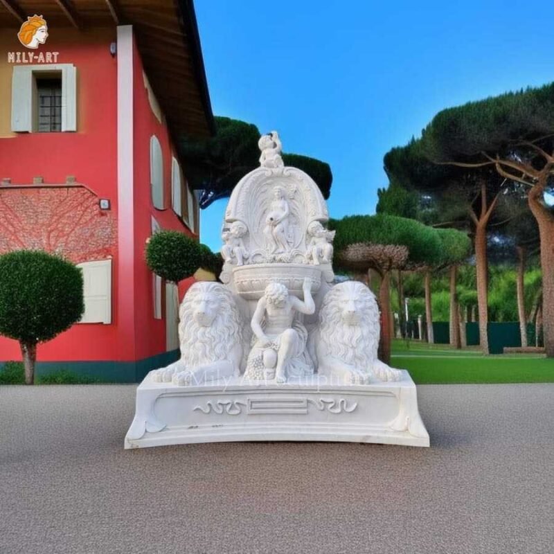 marble lion wall fountain with cherub statue for garden mlms 217
