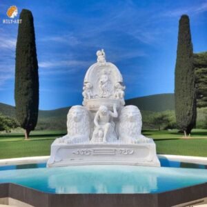 marble lion wall fountain with cherub statue for garden mlms 217