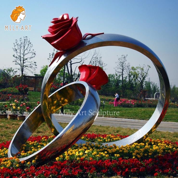 outdoor large metal flowers sculpture finger ring with rose statue mlss 109