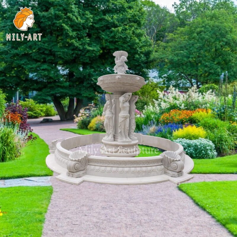 Garden white marble water fountain with lady statue 3