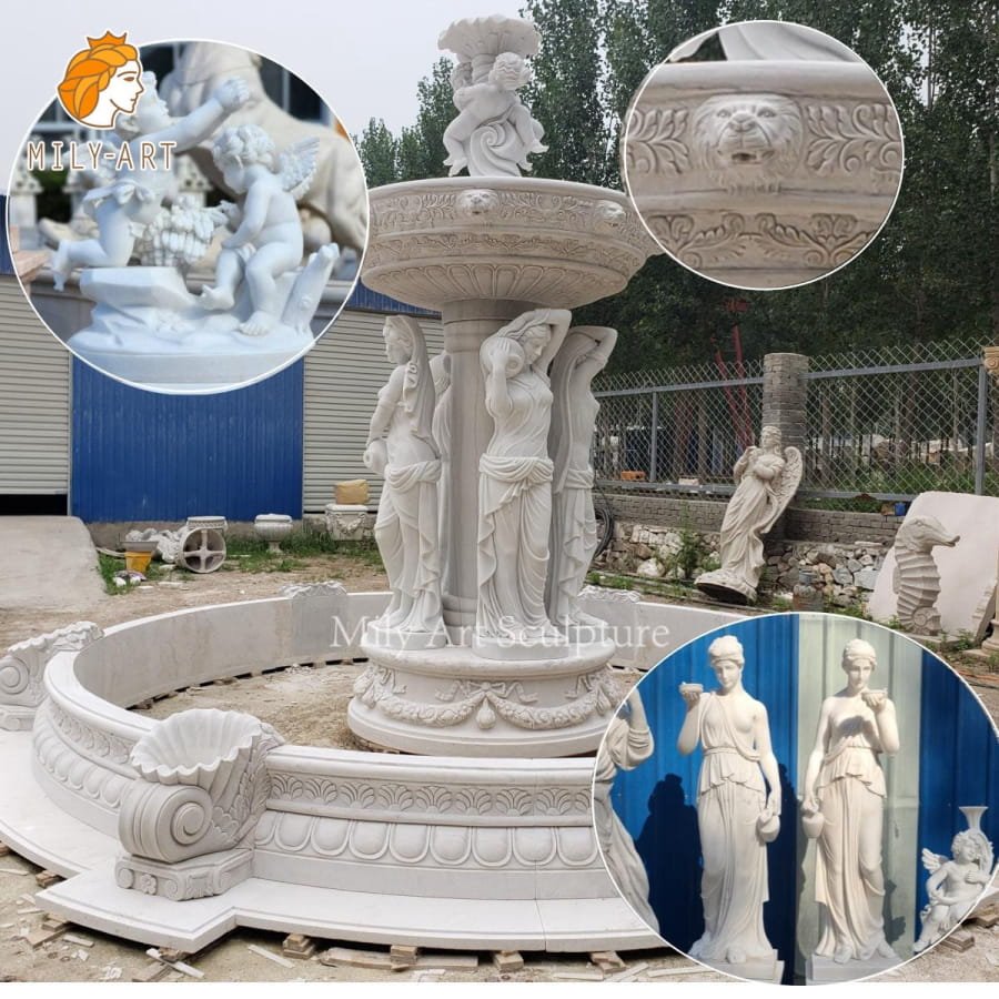 garden white marble water fountain with lady statue mlms 235