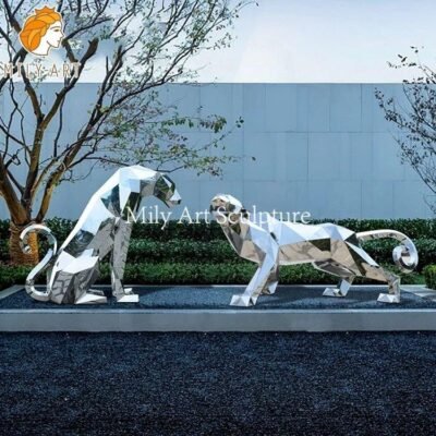 Geometric stainless steel leopard sculpture