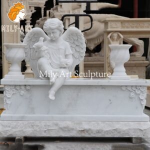 white hand carved marble cherub headstone with birds statues for sale mlms 258