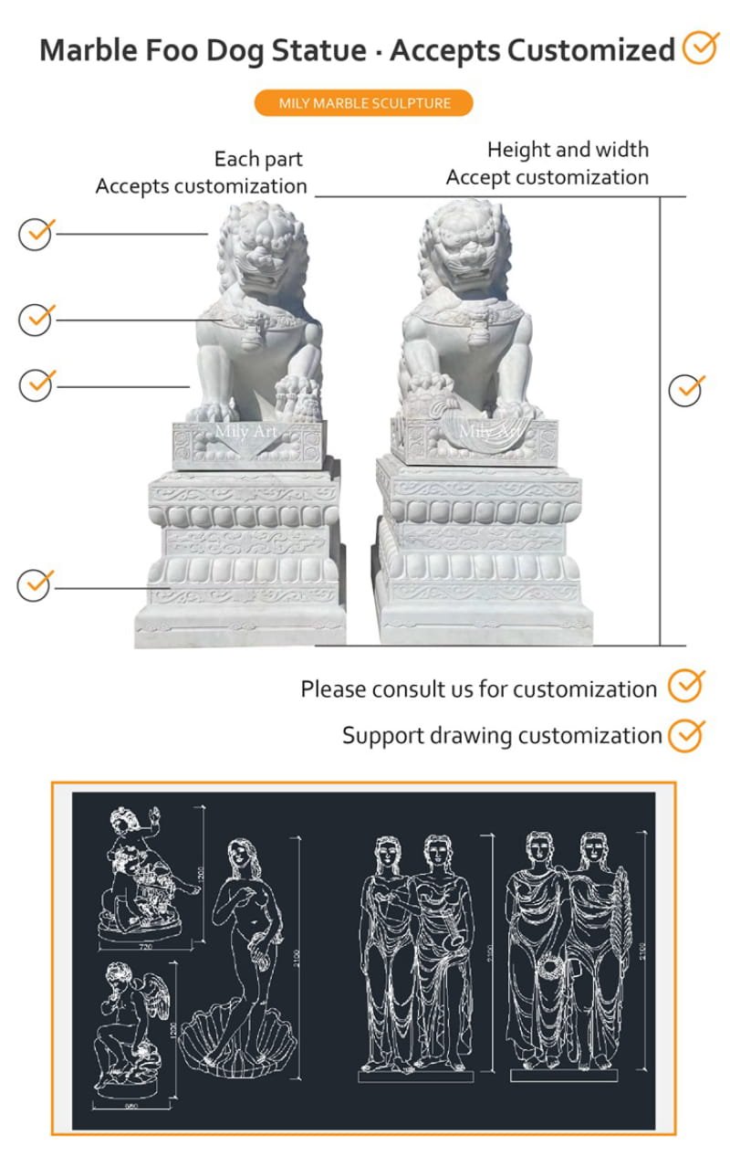Custom marble Foo Dog statue carving and design service