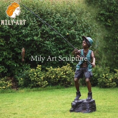 Outdoor Bronze Little Boy Fishing Garden Statue for Sale (2)