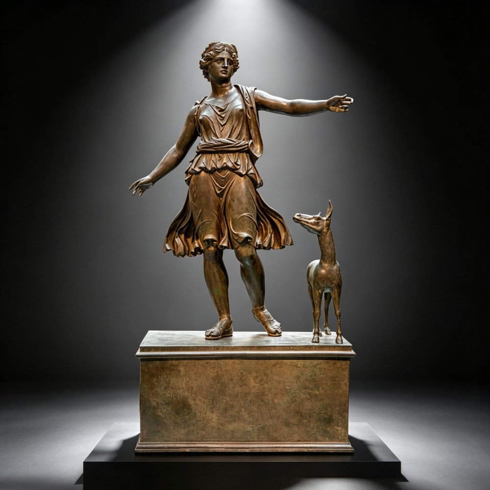 bronze statue of Artemis standing beside a deer