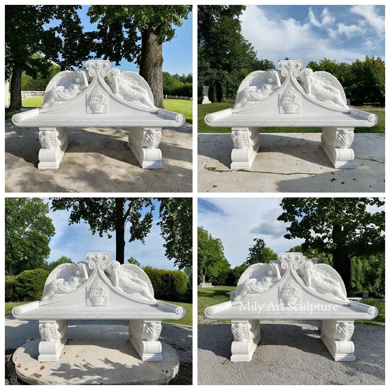 White Marble Bench with Lying Cherub Statues Application Scenes