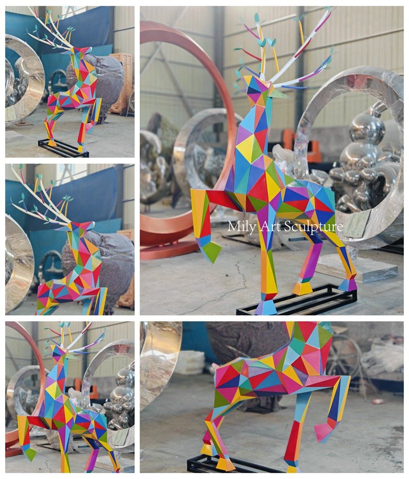 Colorful Metal Geometric Deer Sculpture Details