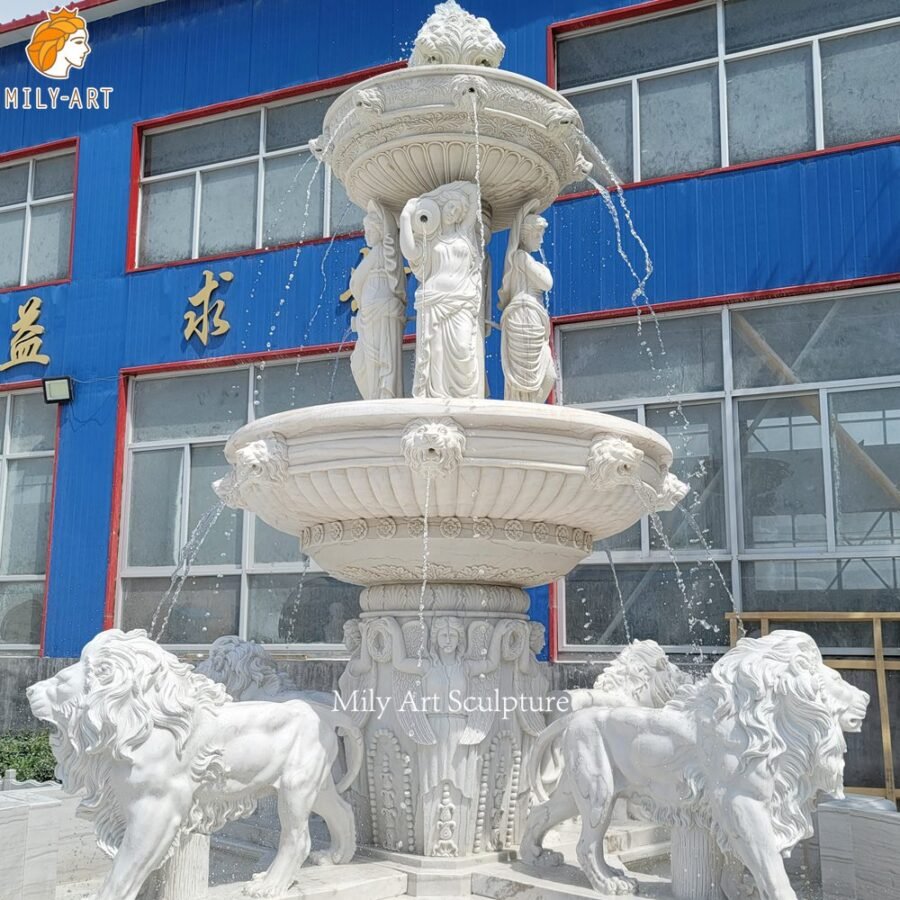 White Large Marble Fountain with Lion and Women Sculpture Detail
