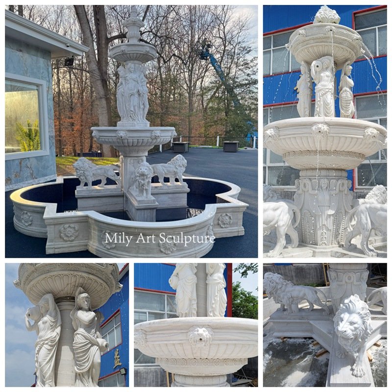 Large Outdoor Marble Fountain with Lion and Women Sculpture Details