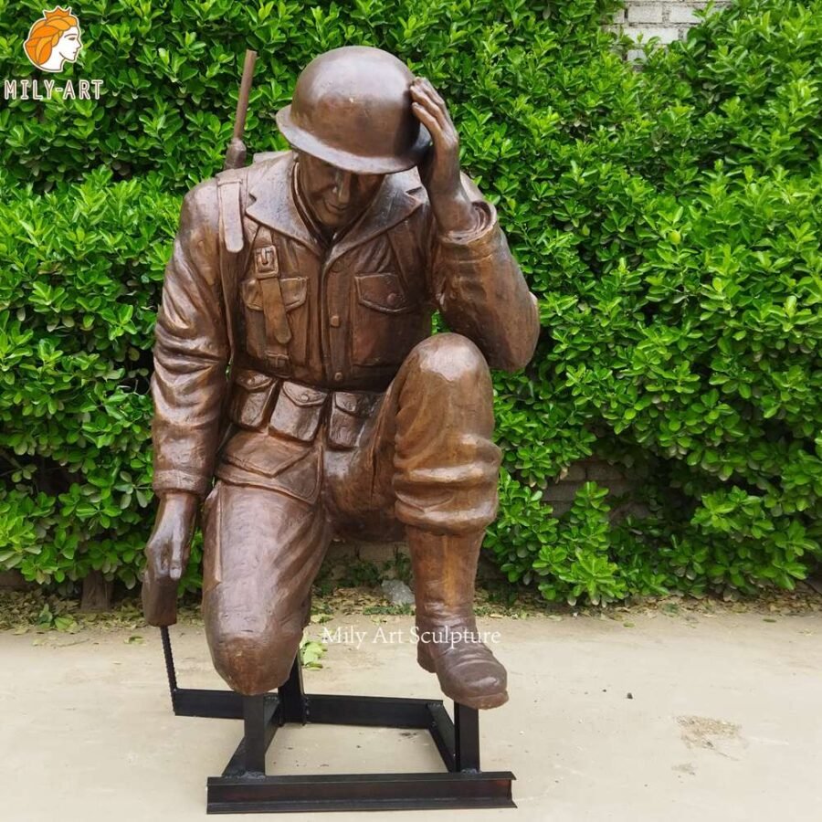 Brown Bronze Fallen Soldier War Memorial Sculpture Front View