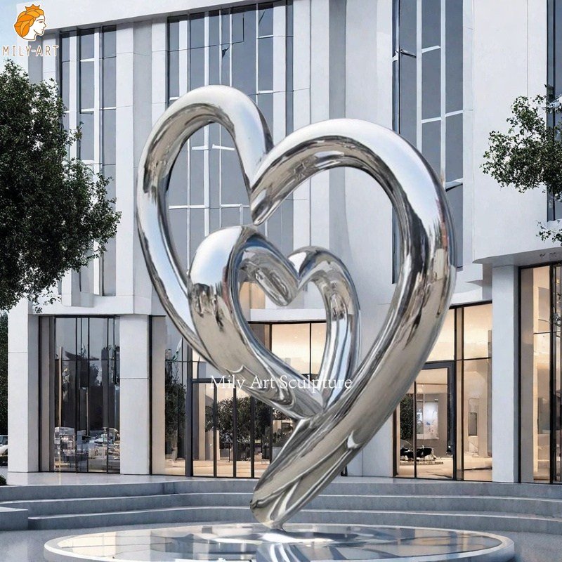 Metal Double Chrome Heart Sculpture for Outdoor Square Decor