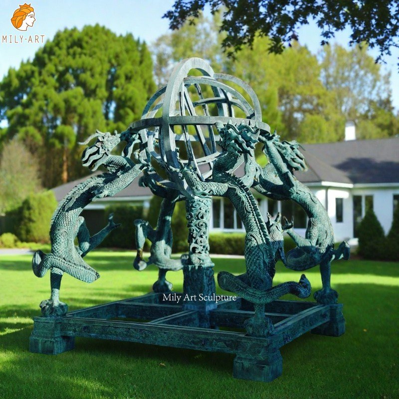 Antique Green Bronze Armillary Sphere Sculpture with Dragons for Yard Decor
