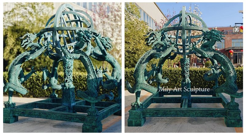 Bronze Armillary Sphere Sculpture with Dragons Details
