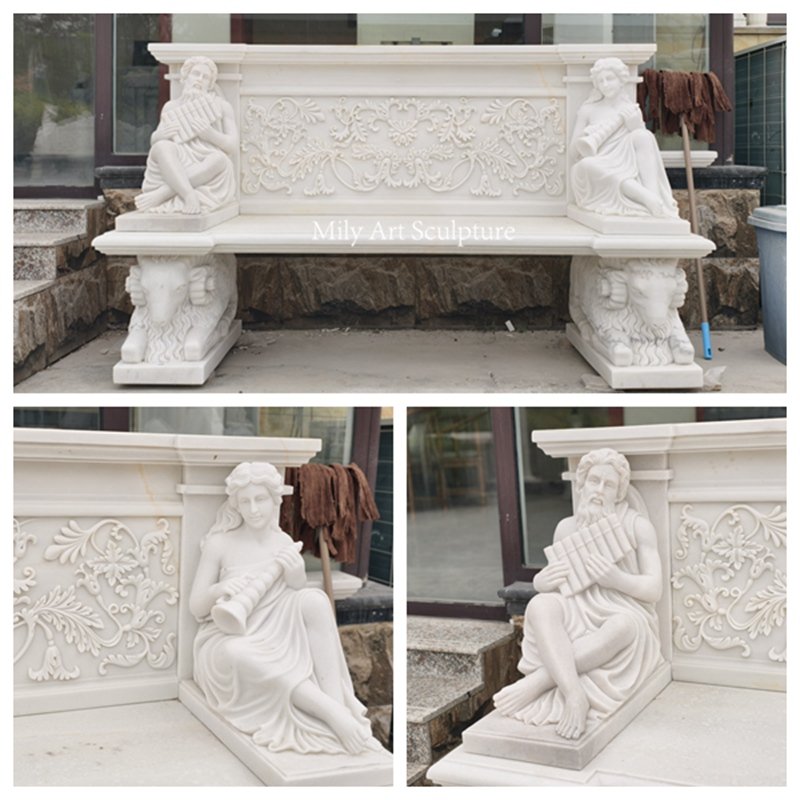 Carved White Marble Garden Bench Details