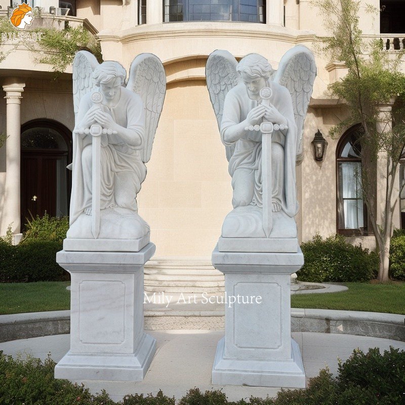 White Catholic Marble Kneeling Angel with Sword Sattue for Yard Decor