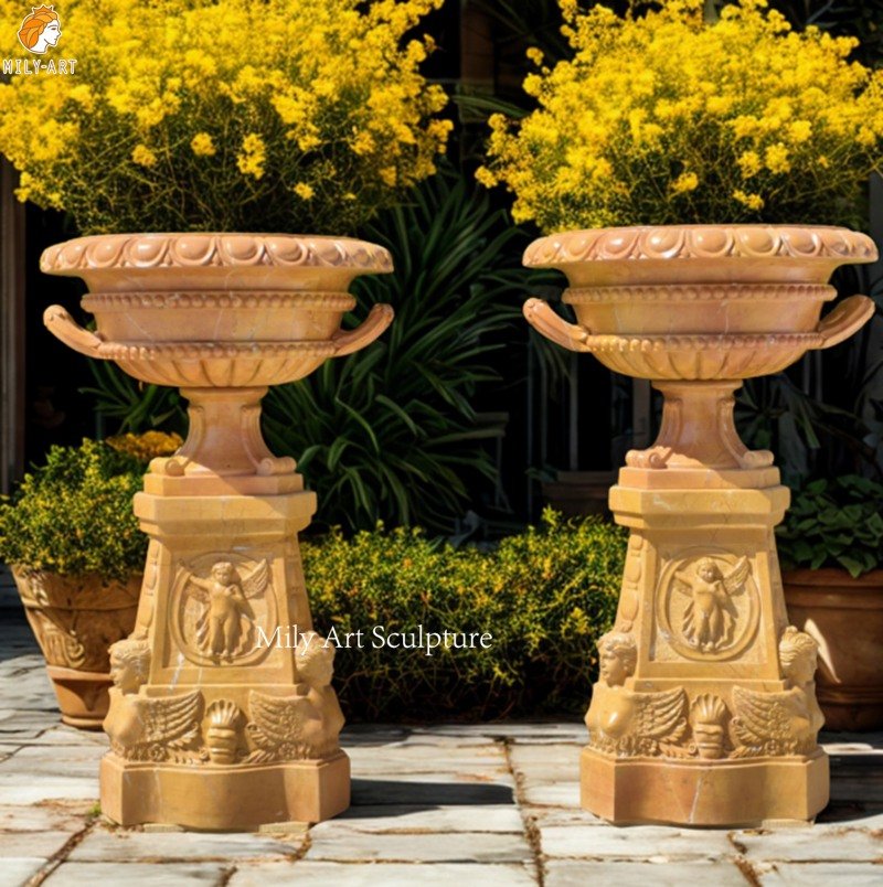Classic Custom Antique Marble Planter with Cherub Statues for Garden Decor