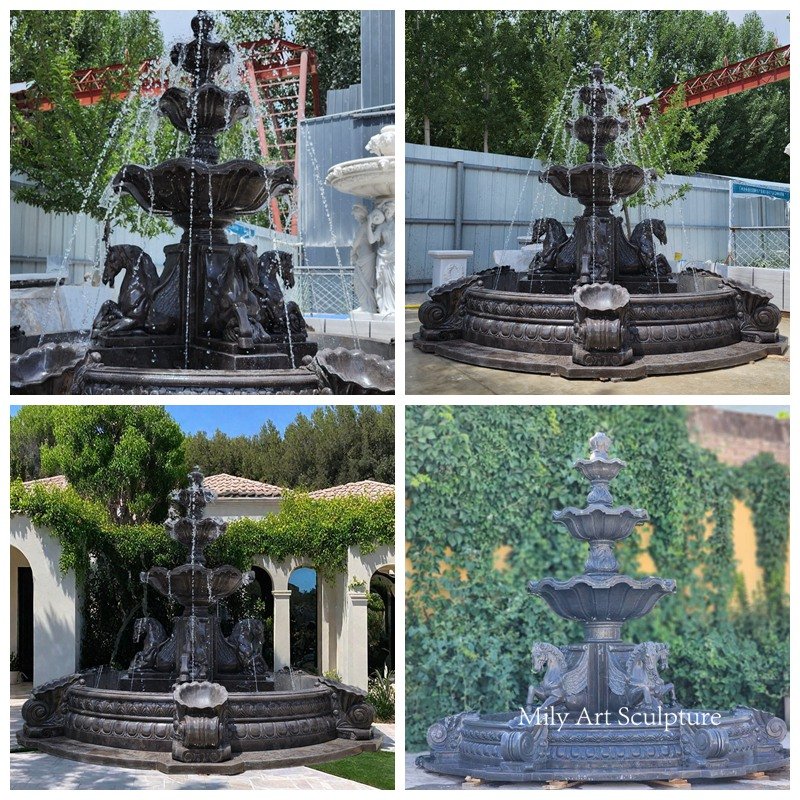 Custom Black Marble Fountain with Horse Statues Details