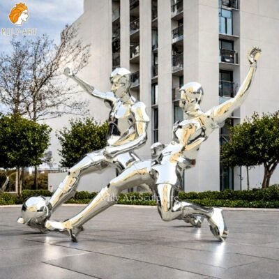 Custom Polished Stainless Steel Football Player Statues for Plaza Decor