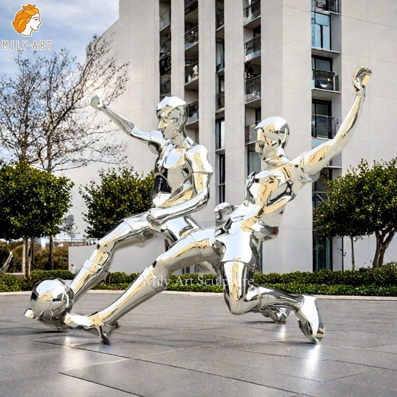 Custom Polished Stainless Steel Football Player Statues for Plaza Decor