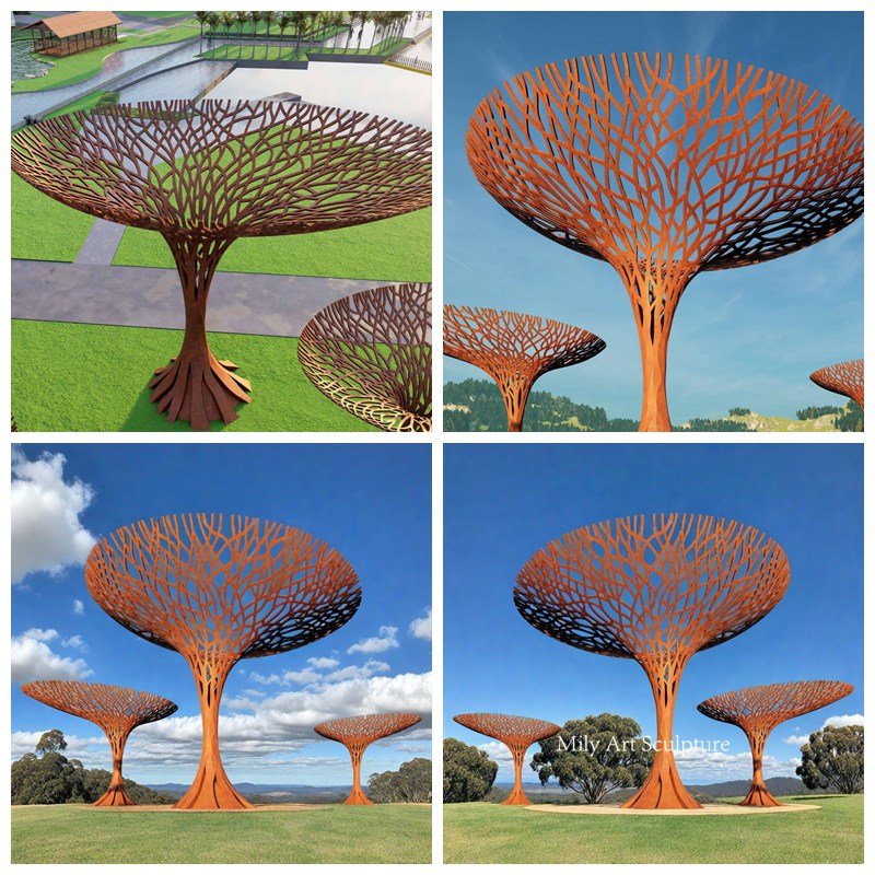 Large Rusty Corten Steel Tree Sculpture Details