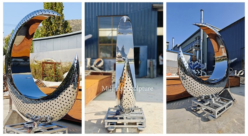 Perforated Stainless Steel Half Moon Sculpture Details