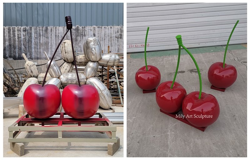 Stainless steel cherry sculptures from the Mily factory