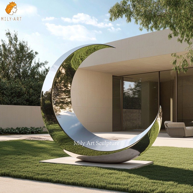 Stunning Polished Stainless Steel Half Moon Sculpture for Villa Decor