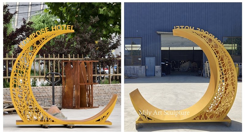 Yellow Stainless Steel Half Moon Sculpture Details