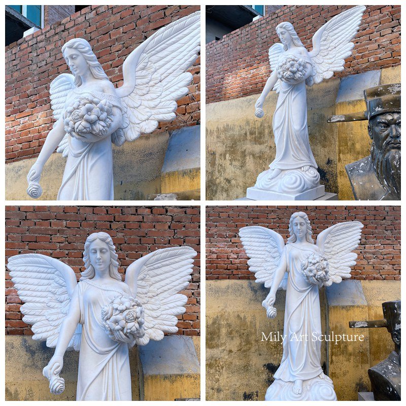 Cemetery Marble Angel Holding Flowers Statue Details
