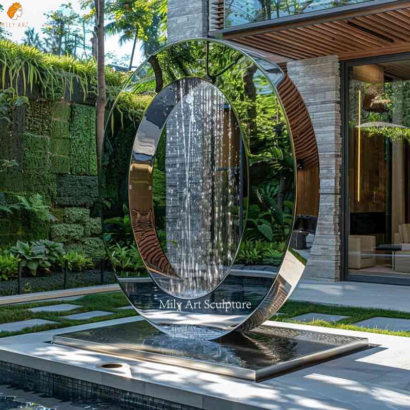 Mirrored Stainless Steel Fountain Sculpture for Villa Decor