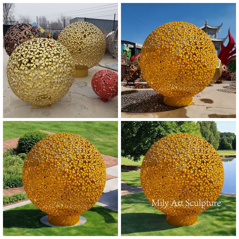 Outdoor Garden Golden Hollow Metal Sphere Sculpture Details