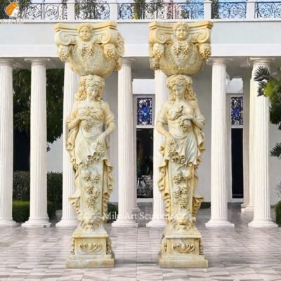 Hand Carved Antique Beige Marble Lady Statue Column for Front Porch