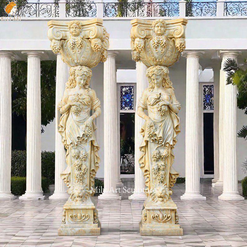 Hand Carved Antique Beige Marble Lady Statue Column for Front Porch