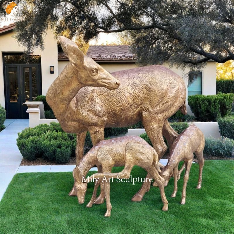 Garden Decor Casting Bronze Mother Deer and Two Fawn Statue