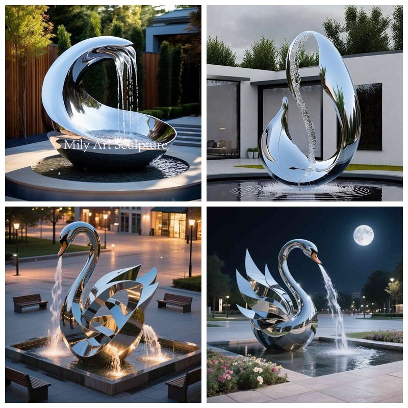 Custom Abstract Stainless Steel Swan Fountain Sculpture Details