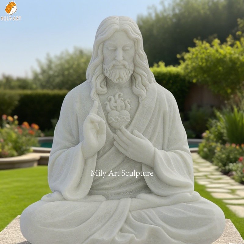 Hand Carved Marble Meditating Jesus Statue for Yard Decor