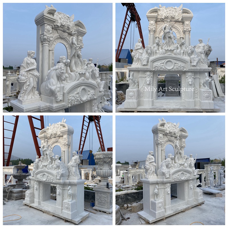 Luxurious Overmantle Marble Fireplace with Statues Details