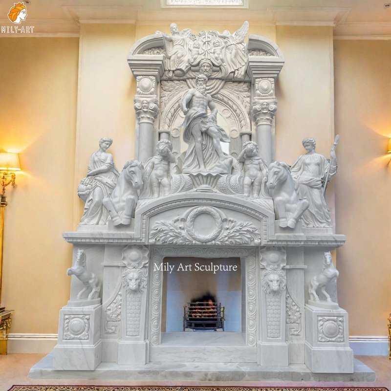 Luxurious Overmantle Marble Fireplace with Statues for Indoor Decor