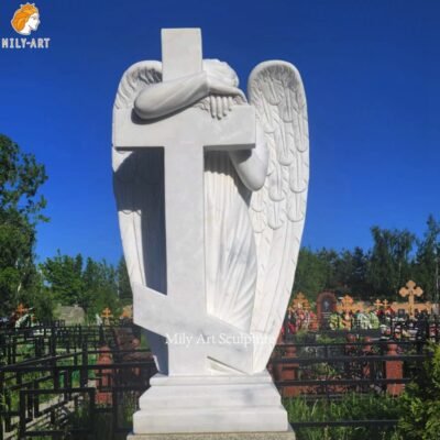 Hand Carved Marble Weeping Angel Leaning On Cross for Cemetery