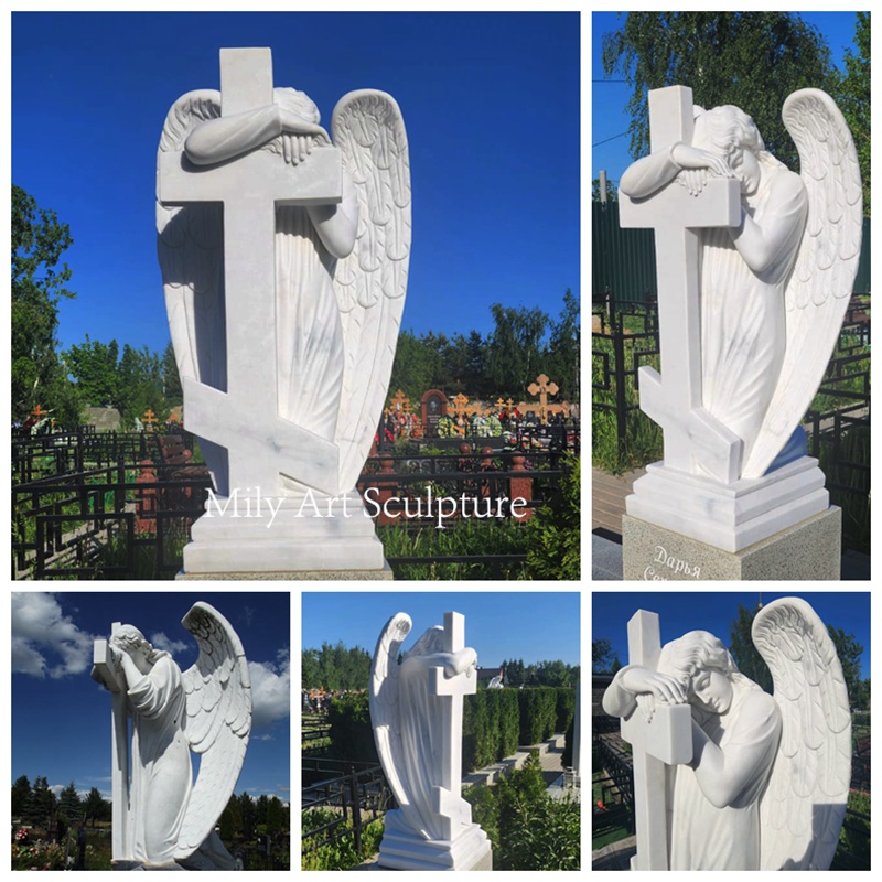 Marble Weeping Angel Leaning On Cross for Cemetery Details